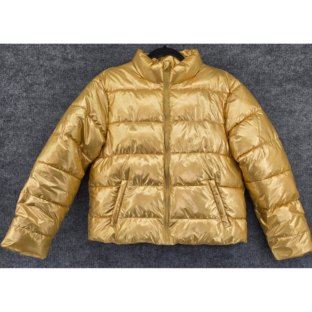 Gold Metallic Puffer Jacket Women's M Full Zip Quilted Sporty Chic Time Tru Glam